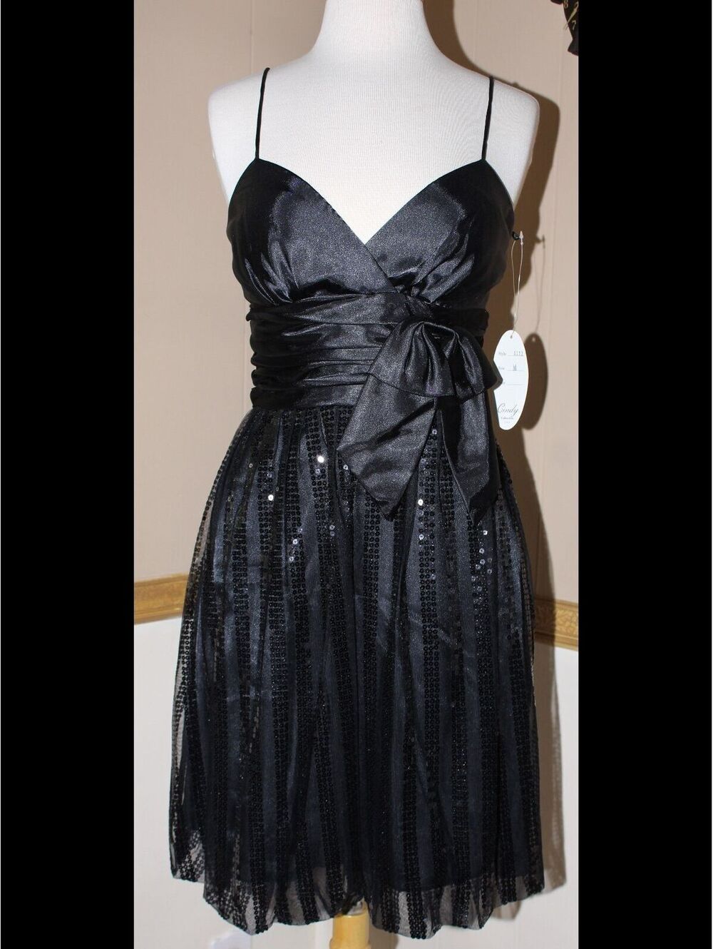Cindy USA #1112 Short Satin and Sequins Party Dress-Size M-Black-NWT